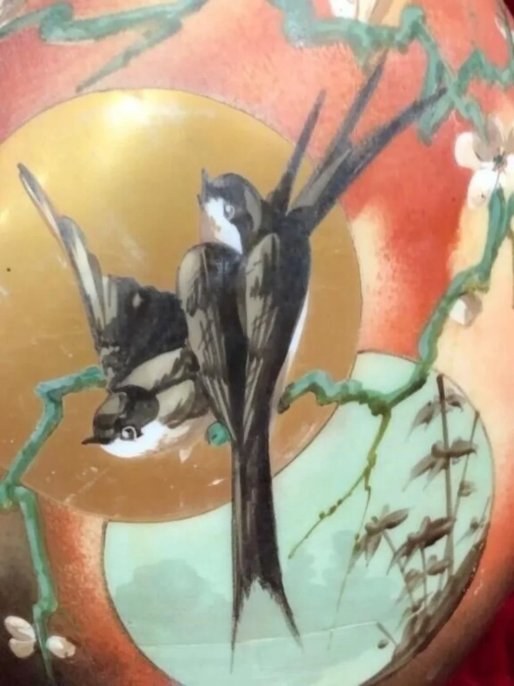 Antique Baccarat Daum Galle Opaline Art  Glass Vase Set Love Bird Apple Blossom